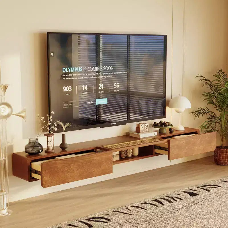 Meuble TV flottant mural Luck Live Mid-Century Modern 200 cm avec portes et tiroirs en rotin