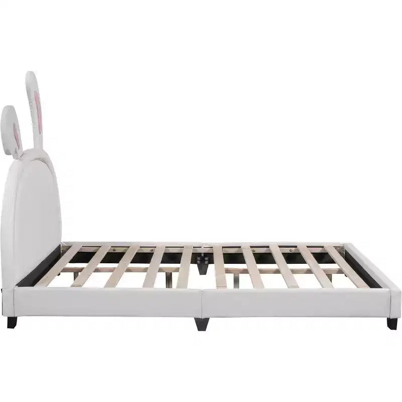Cadre de lit double, cadre de lit avec ornement de lapin pour enfants, lit plateforme en cuir rembourré avec tête de lit à oreilles, montage facile, blanc