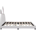 Cadre de lit double, cadre de lit avec ornement de lapin pour enfants, lit plateforme en cuir rembourré avec tête de lit à oreilles, montage facile, blanc