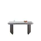 Ensemble de salle à manger extensible moderne et minimaliste 9 pièces 94.48 avec plateau en pierre frittée et double piédestal, avec 8 chaises en tissu