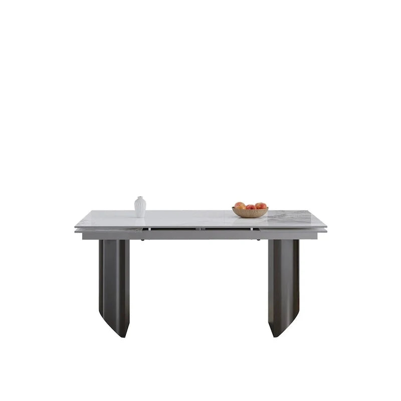 Ensemble de salle à manger extensible moderne et minimaliste 9 pièces 94.48 avec plateau en pierre frittée et double piédestal, avec 8 chaises en tissu