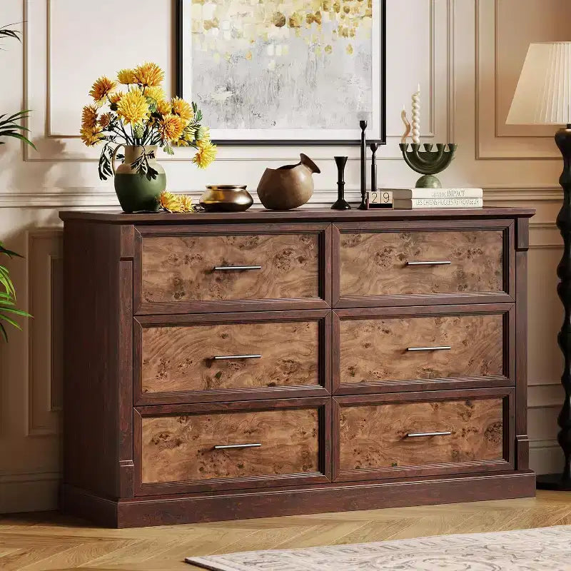 COZONY 47 Commode de ferme à 6 tiroirs, double commode rustique en bois avec poignées en métal pour chambre, salon et rangement de couloir