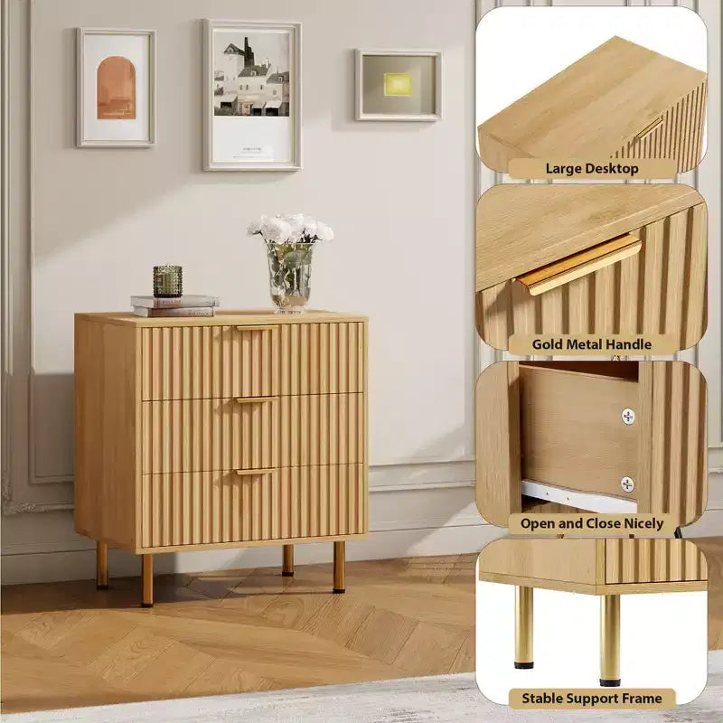 Commode à 3 tiroirs pour chambre à coucher, commode cannelée avec grands tiroirs et pieds dorés robustes, commodes et chiffonniers pour chambre à coucher, salon