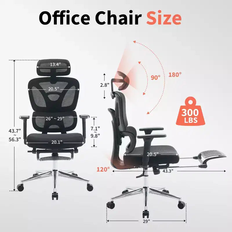 Chaise de bureau ergonomique en maille - Dossier haut, support lombaire réglable, appui-tête et repose-pieds rembourrés, siège large et respirant, chaise de bureau pivotante