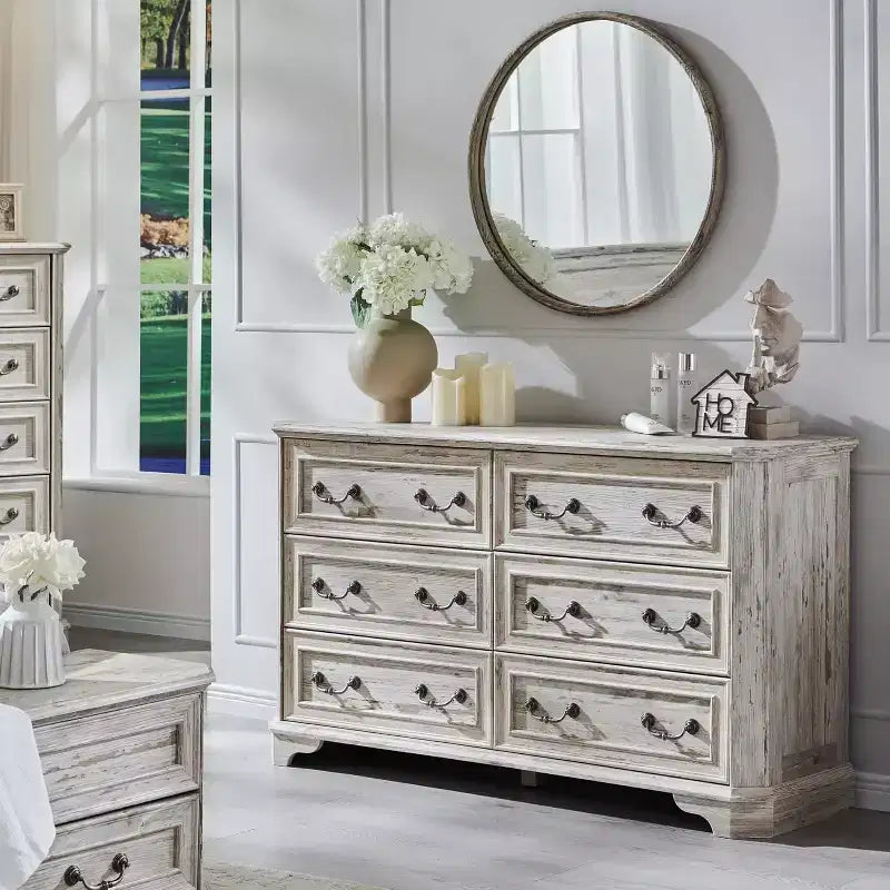 Commode à 6 tiroirs SinCiDo pour chambre à coucher, commode rustique en bois de style ferme, commode vintage de 54 po de largeur pour salon