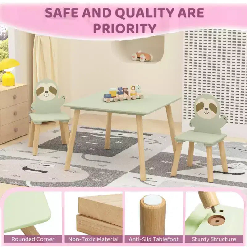 Table et chaises en bois Etokfoks Sloth pour enfants avec 2 chaises animaux Vert sauge pour salle de jeux, chambre, salle de classe