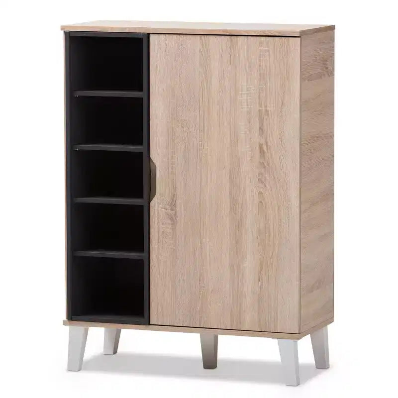 Meuble à chaussures en bois 1 porte Adelina Mid-Century Modern Baxton Studio - Marron : Organiseur de chaussures autoportant pour entrée, peut contenir 15 paires