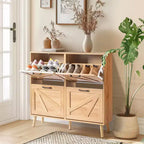 Karl Home Armoire à chaussures 4 portes réversibles noires en aggloméré gaufré avec pieds naturels 105,9 cm Bois naturel
