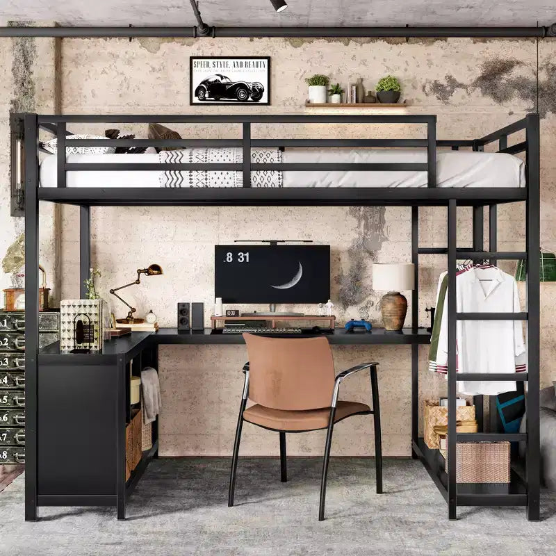 Lit mezzanine en métal Queen Bellemave avec bureau en L et armoire, lit mezzanine peu encombrant avec étagères de rangement et garde-corps, noir