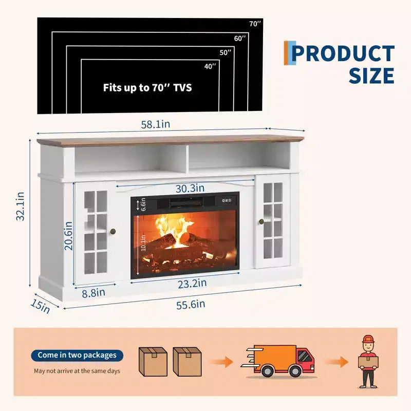Meuble TV compatible 70 pouces, Console multimédia 58 pouces, Meuble TV moderne effet bois avec lumières LED, Rangement avec portes en verre et étagères réglables