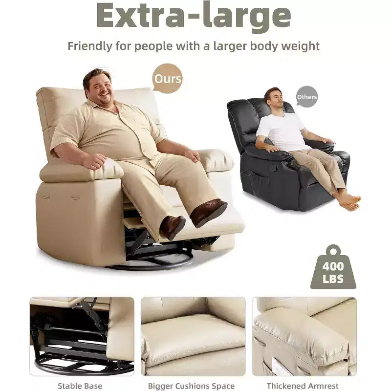 Fauteuils inclinables surdimensionnés de 22'' avec chauffage et massage - Pivotant à 360° - Fauteuil à bascule manuel avec télécommande pour salons et chambres à coucher
