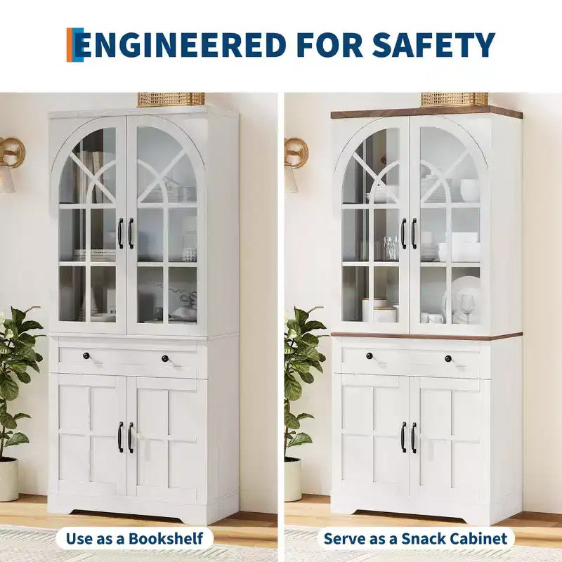 Armoire de cuisine haute de 72 po style ferme avec portes en verre cintrées et étagères réglables