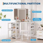 Coiffeuse d'angle avec miroir triptyque, station de charge, armoire de rangement, sac de rangement et tabouret, coiffeuse d'angle compacte pour chambre à coucher