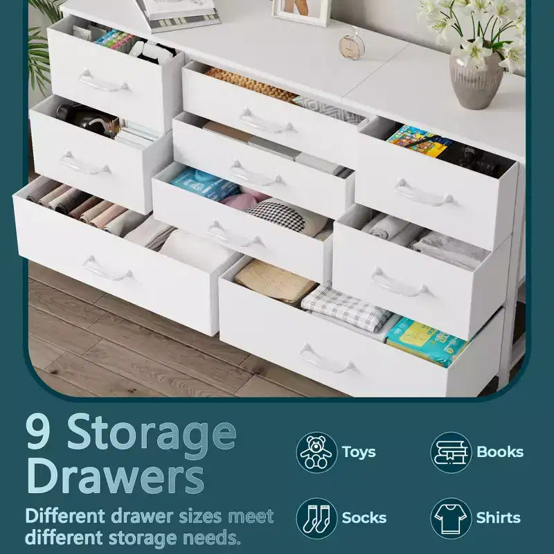 Commode de rangement moderne blanche à 9 tiroirs, dessus en bois, organisateur en tissu, grand meuble de chambre à coucher, entrée, console TV de 45 pouces