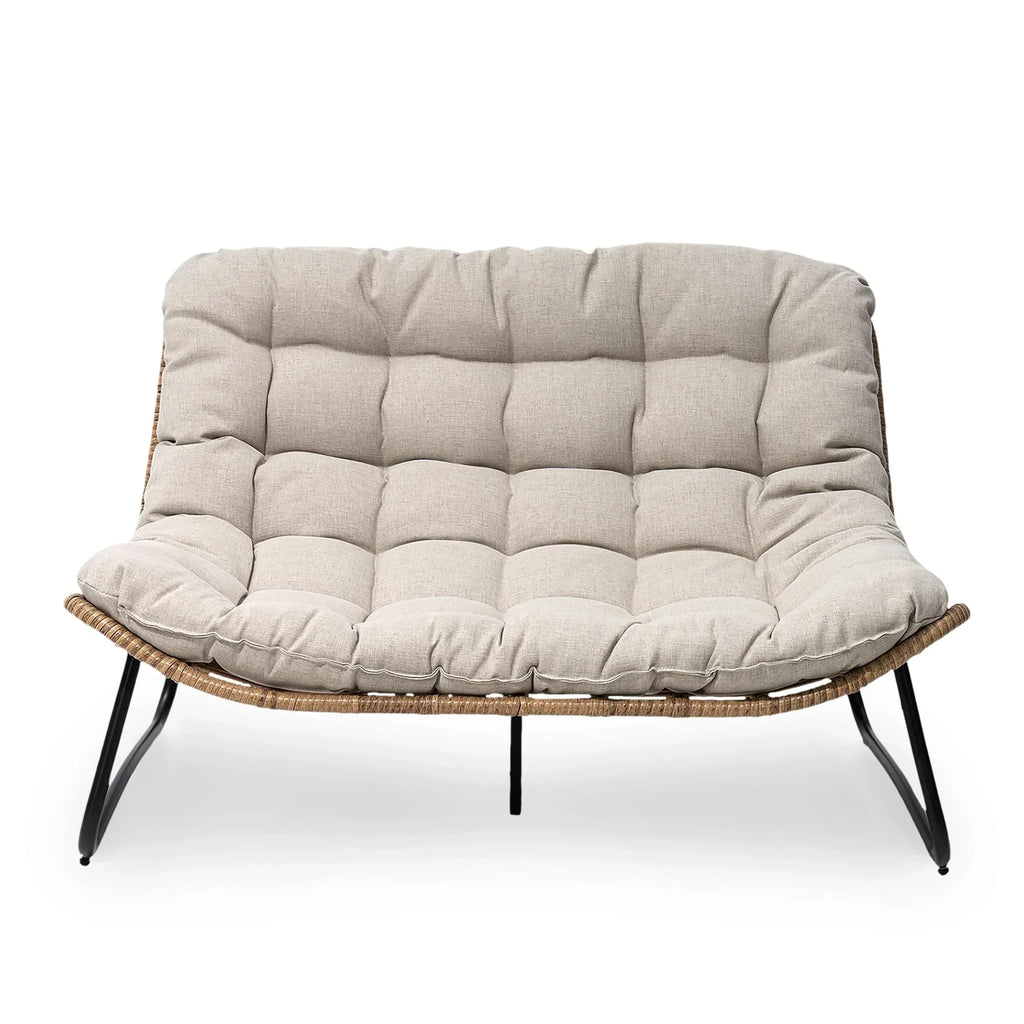 Causeuse double Papasan avec coussin, rotin PE tout temps et cadre en métal pour l'intérieur et l'extérieur