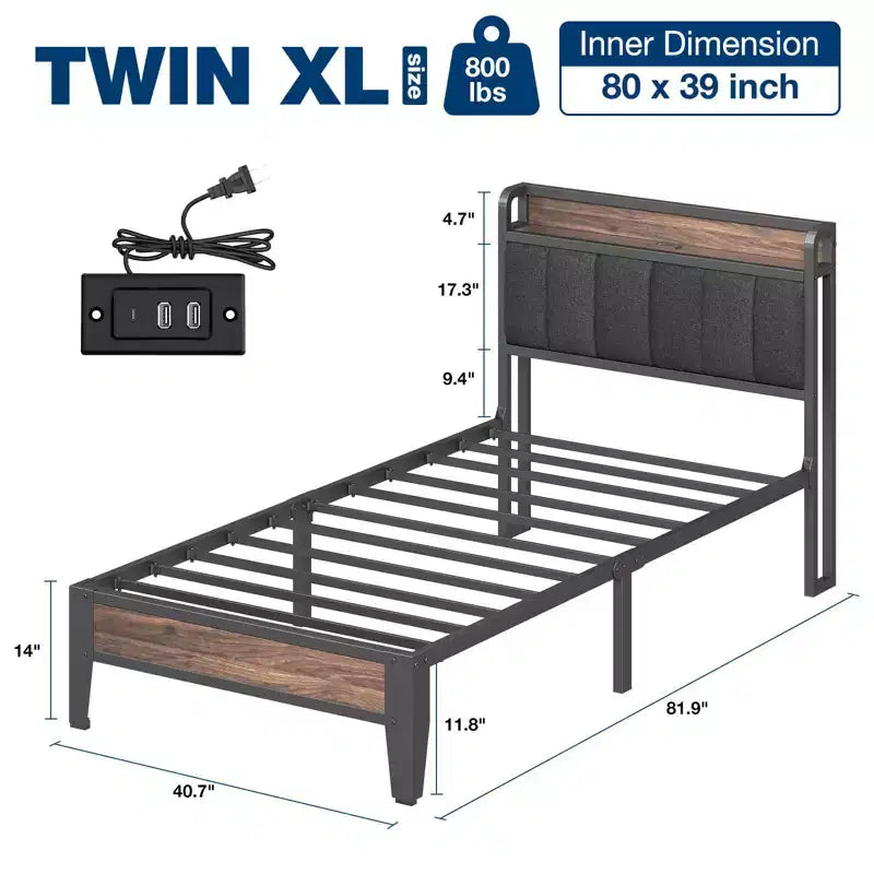 Lusimo Cadre de lit Twin XL, Lit plateforme rembourré avec tête de lit de rangement et station de charge