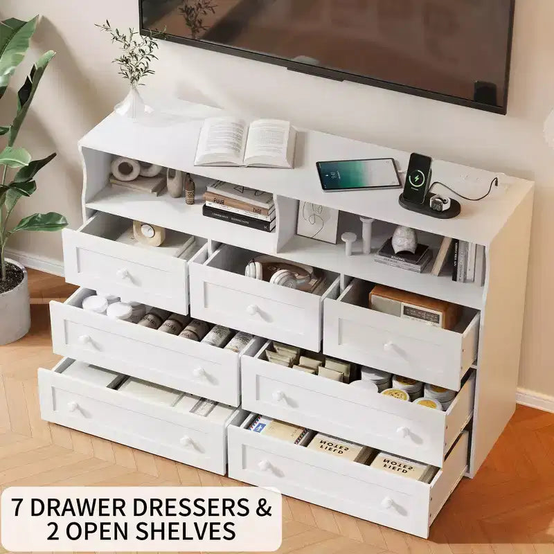Commode en bois à 7 tiroirs avec station de recharge USB et lumières LED - Coiffeuse moderne avec 2 niches ouvertes pour chambre à coucher, salon, placard ou chambre d'enfant
