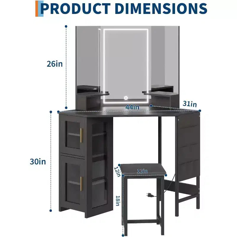 Coiffeuse d'angle avec miroir triptyque, station de charge, armoire de rangement, sac de rangement et tabouret, coiffeuse d'angle compacte pour chambre à coucher