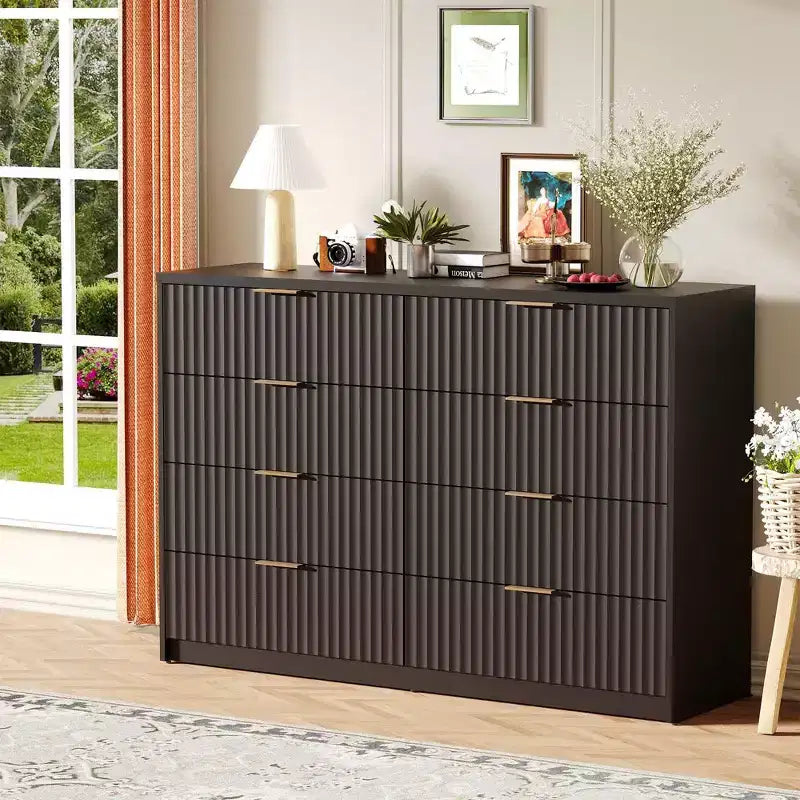 COZONY Commode cannelée à 8/9 tiroirs - Grand meuble de rangement en bois avec poignées métalliques et dispositif anti-basculement pour chambre à coucher, salon, couloir
