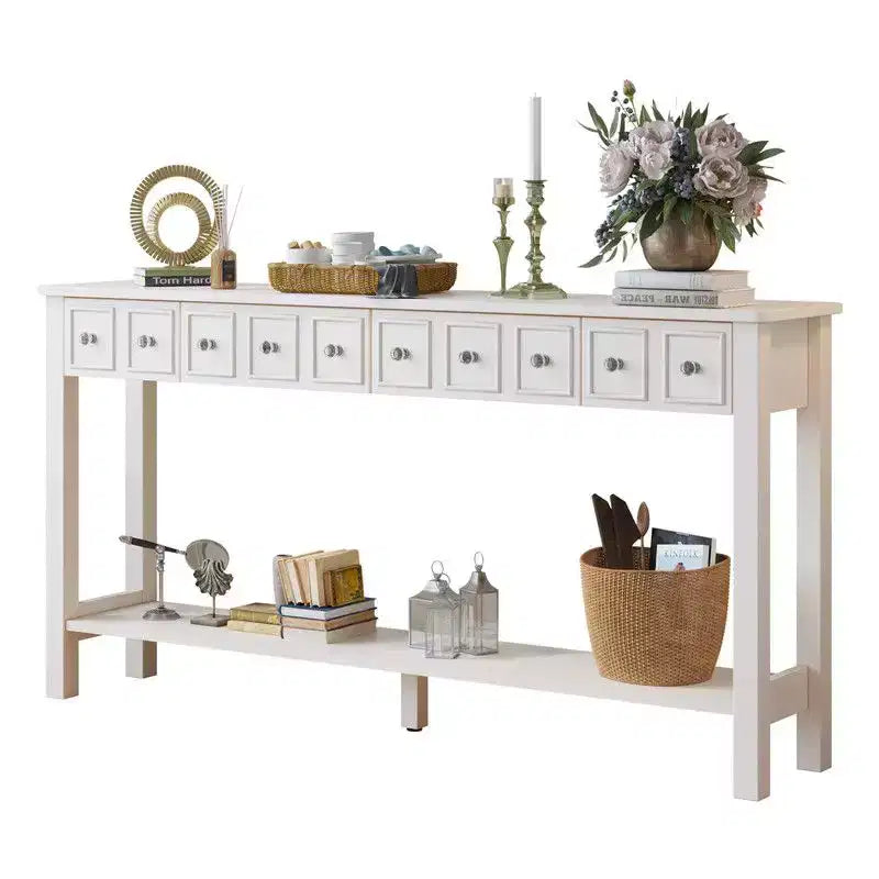 Table d'entrée vintage blanche à 2 niveaux avec 4 tiroirs en MDF 152,5*28*86,4cm