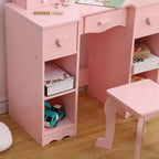 Table de toilette 2-en-1, ensemble table et chaise de coiffeuse pour enfants, coiffeuse en bois pour princesse, table de maquillage de jeu de rôle pour princesse