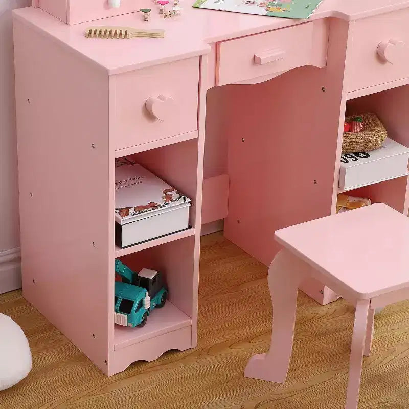 Table de toilette 2-en-1, ensemble table et chaise de coiffeuse pour enfants, coiffeuse en bois pour princesse, table de maquillage de jeu de rôle pour princesse