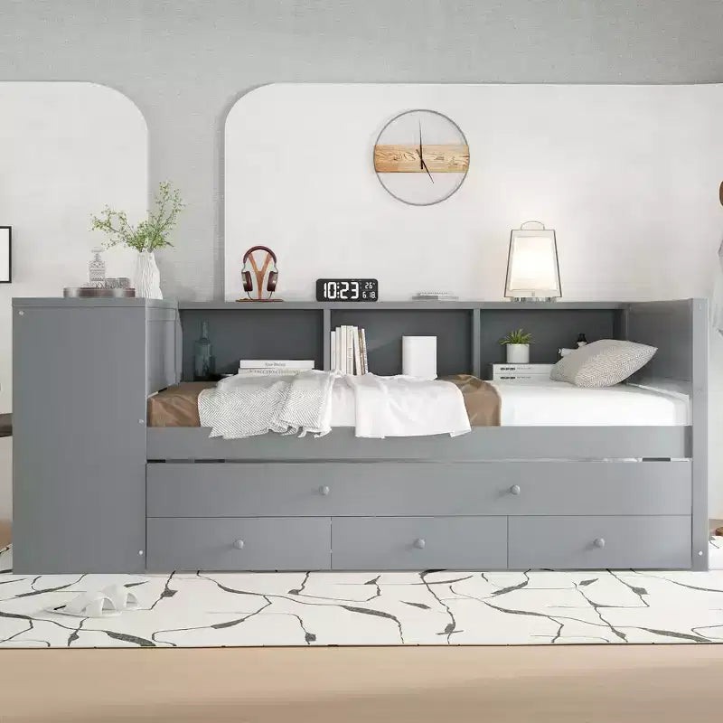 Lit de repos jumeau/double avec lit gigogne, cadre de lit en bois avec bureau, tiroirs de rangement et étagères, pas besoin de sommier tapissier - ModernLuxe
