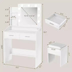 Coiffeuse de Maquillage avec Lumières, Bureau de Maquillage avec Miroir et Lumières, Grand Tiroir et Armoire de Rangement à Deux Étages, 3 Modes d'Éclairage