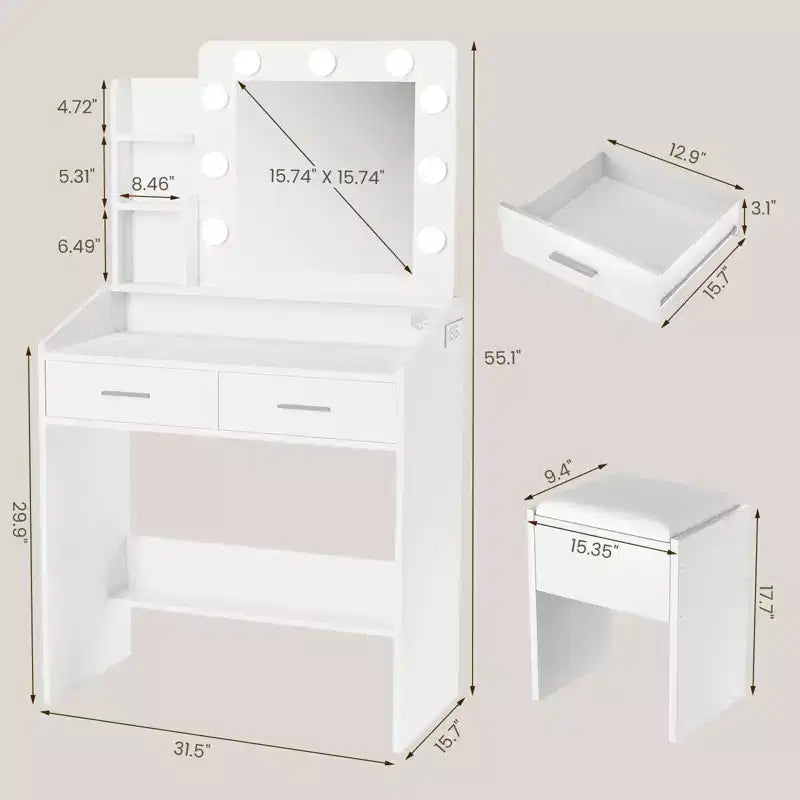 Coiffeuse de Maquillage avec Lumières, Bureau de Maquillage avec Miroir et Lumières, Grand Tiroir et Armoire de Rangement à Deux Étages, 3 Modes d'Éclairage