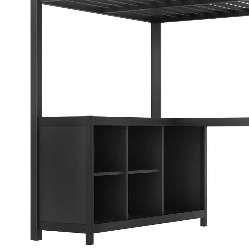 Lit mezzanine en métal Queen Bellemave avec bureau en L et armoire, lit mezzanine peu encombrant avec étagères de rangement et garde-corps, noir