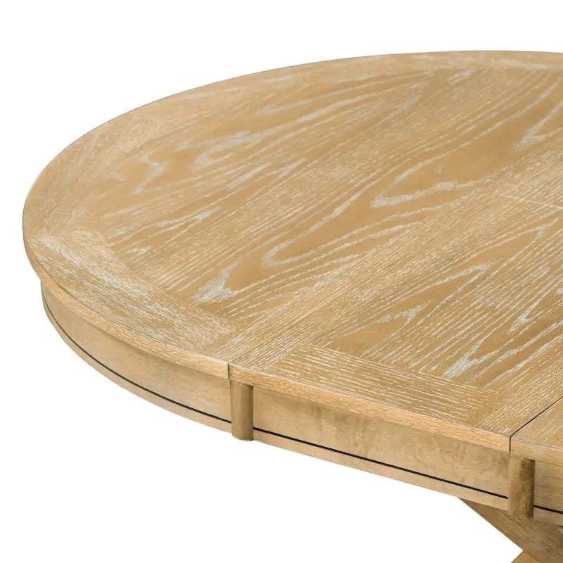 Ensemble de salle à manger 5 pièces en bois de style rétro avec table ronde extensible et 4 chaises, finition bois naturel vieilli