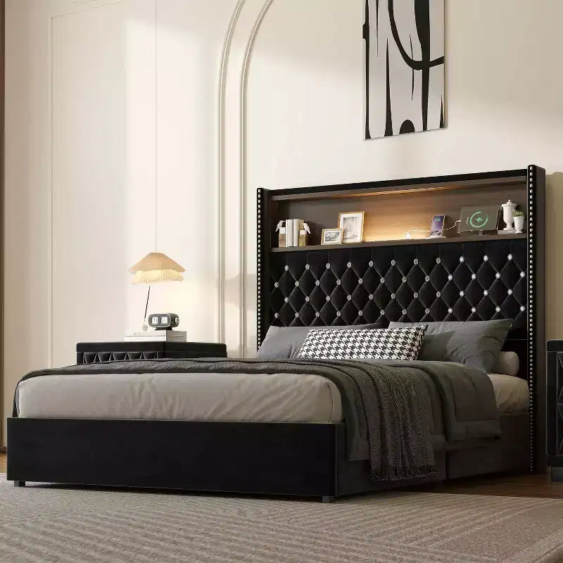 MAYEERTY Lit double en velours capitonné avec veilleuse, tête de lit haute de 52 po, décor de rivets, tête de lit de plateforme à oreilles avec étagère, pour chambre à coucher, noir