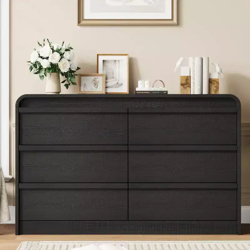 Commode de table à manger moderne à 6 tiroirs en arche - Commode en bois noir de 120 cm de large - Design à bords incurvés - Grand espace de rangement pour salle à manger, chambre, salon