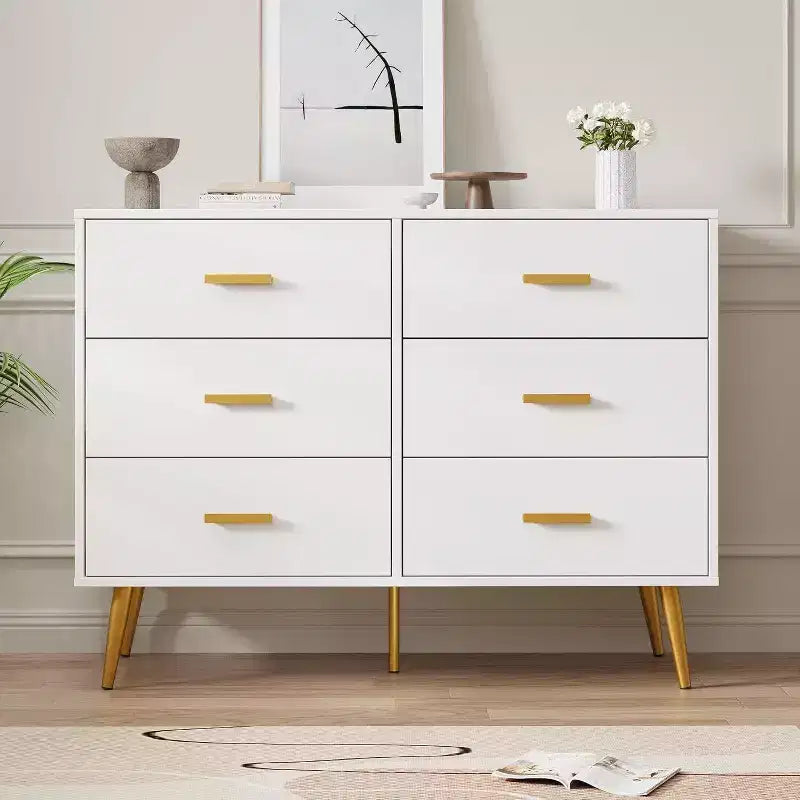 Commode moderne à 6 tiroirs avec espace de rangement, commode en bois avec poignées dorées, commode avec tiroirs profonds pour chambre à coucher, salon, bureau