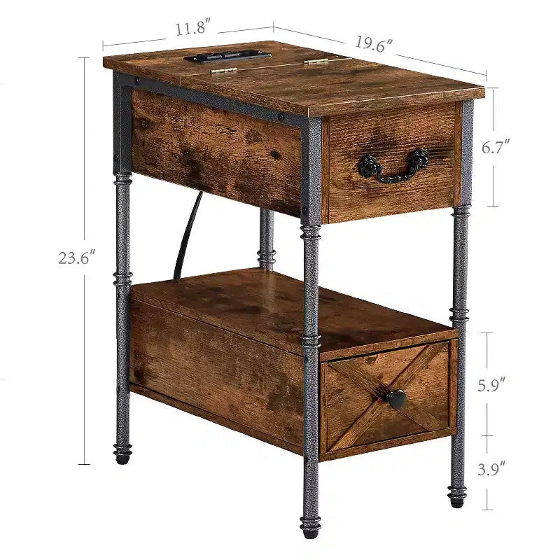 Table de chevet VECELO avec station de charge et tiroir, table d'appoint étroite avec port USB et prises électriques pour salon ou chambre à coucher, marron