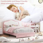 Lit plateforme double capitonné avec tête de lit LED et tiroir de rangement, rose/blanc, lattes en bois, sans sommier, silencieux, montage facile, pour enfants