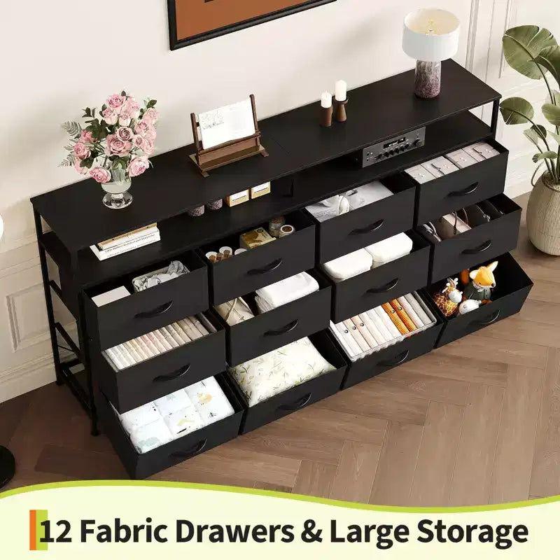 Commode TV de 160 cm en tissu pour chambre à coucher - Commode longue à 12 tiroirs pour salon - Commode noire avec étagères ouvertes