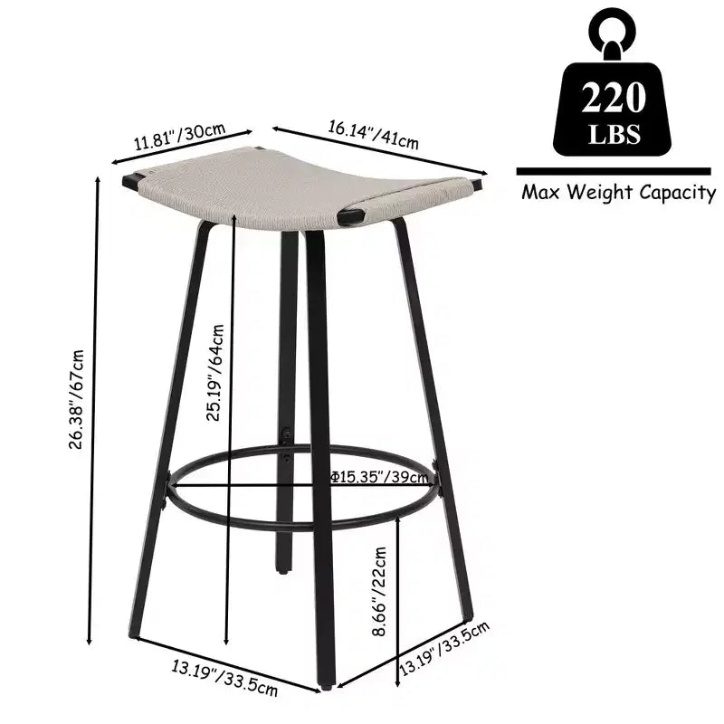 MAYEERTY Lot de 2 tabourets de bar sans dossier hauteur comptoir, PVC tressé, repose-pieds rond, utilisation intérieure/extérieure Noir Blanc Crème