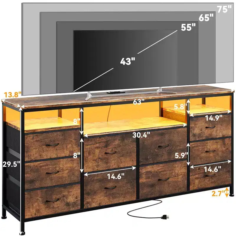 Commode 63,3 pouces pour chambre à coucher, commode TV en tissu à 10 tiroirs avec lumières LED et prises de courant, long meuble TV pour placard