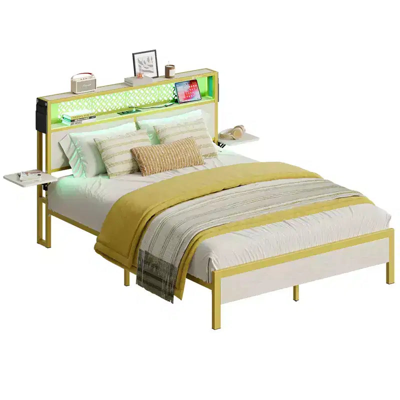 Cadre de lit Bestier Queen/Full en tissu, plateforme de lit LED, tête de lit de rangement avec étagères pliantes et station de charge