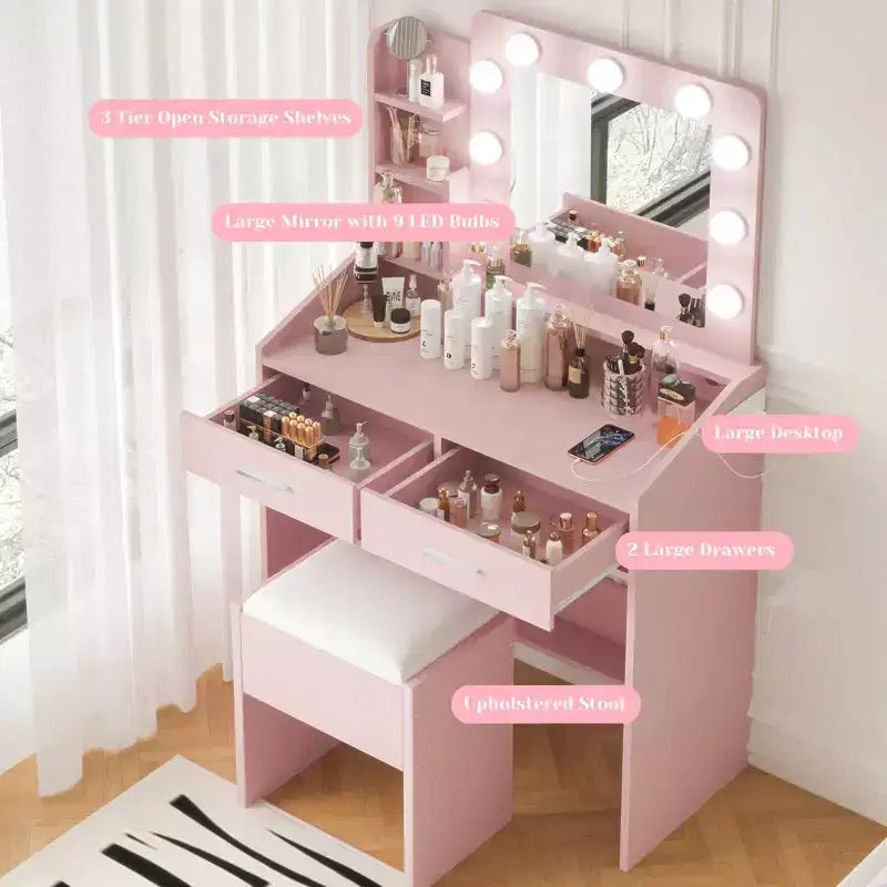 Coiffeuse de Maquillage avec Lumières, Bureau de Maquillage avec Miroir et Lumières, Grand Tiroir et Armoire de Rangement à Deux Étages, 3 Modes d'Éclairage