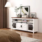 Meuble TV de ferme GustoWave, console TV robuste avec étagère réglable et porte coulissante style grange pour salon, chambre, blanc/noyer