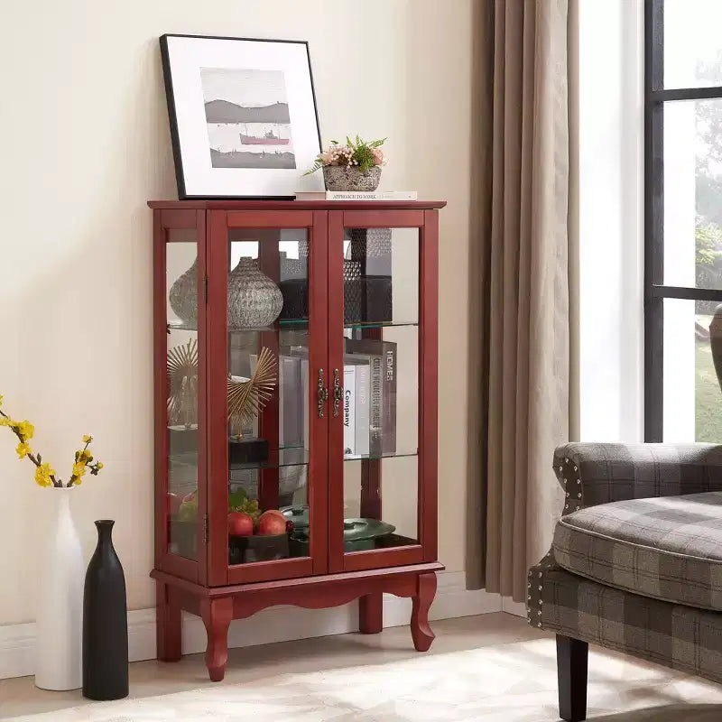 Vitrine à 2 portes avec portes en verre trempé, panneau arrière miroir, étagères réglables et éclairage pour le bureau à domicile