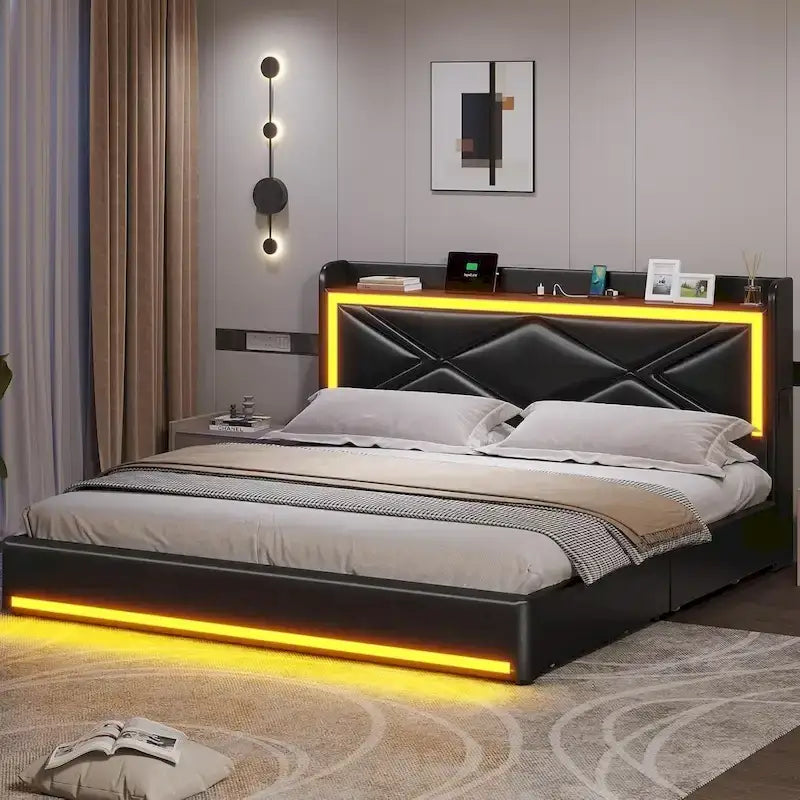 Cadre de lit avec lumières LED, tête de lit et station de charge USB-C/A, 4 tiroirs