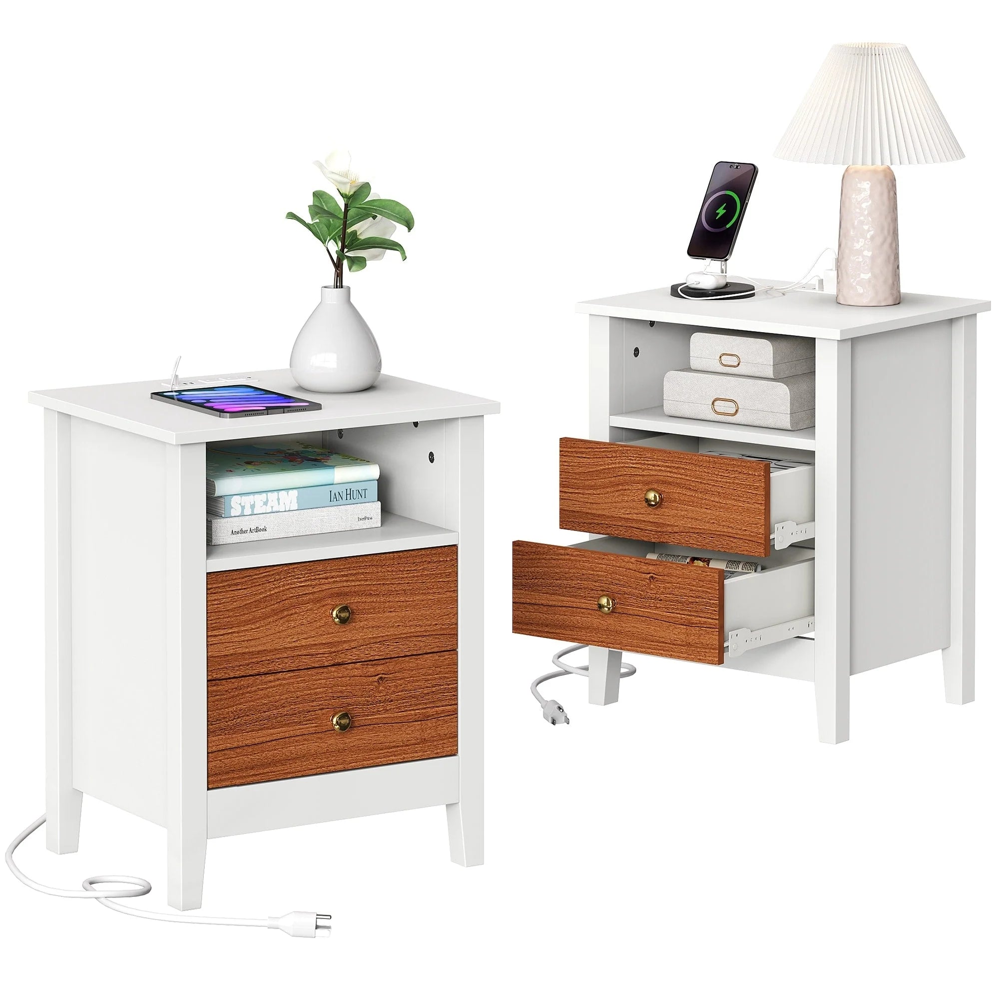 Tables de chevet (lot de 2) avec station de charge, table d'appoint avec 2 tiroirs, ports USB et prises, pour chambre à coucher