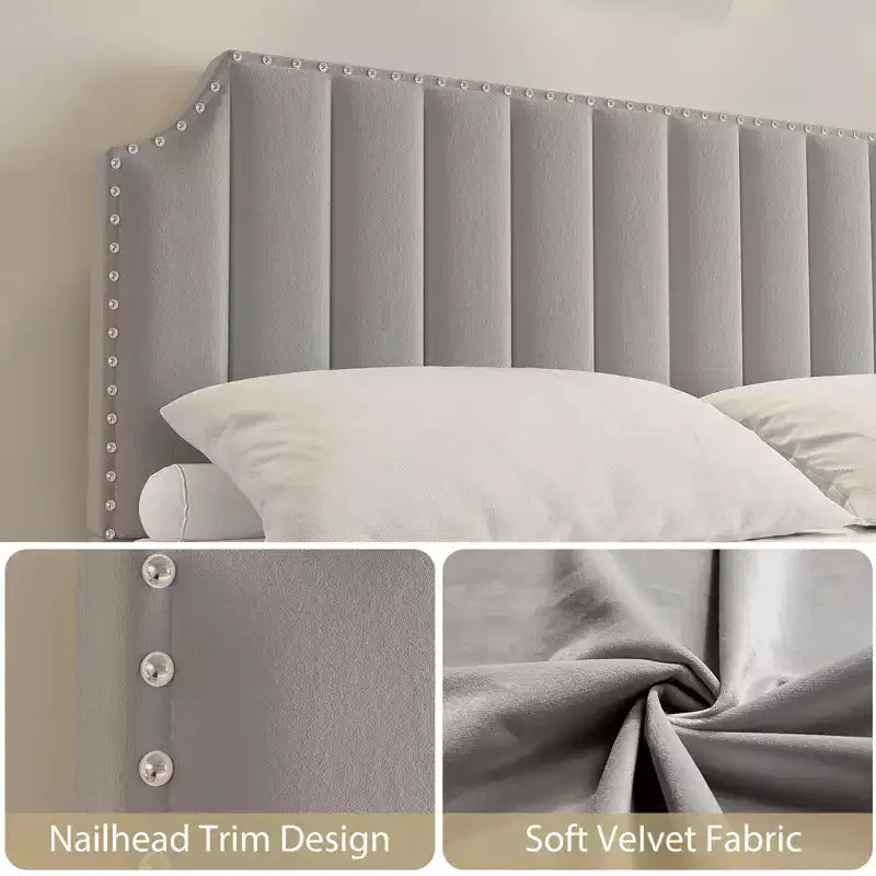 Cadre de lit en velours, tête et pied de lit matelassés à rayures verticales avec rivets, lit plateforme rembourré, lattes en bois robustes