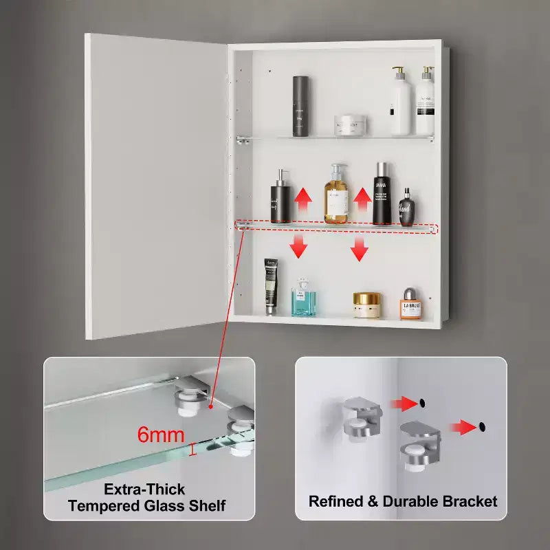 Armoire à pharmacie Elise avec miroir, armoire de salle de bain à montage en surface ou encastré, étagères réglables en verre trempé, réversible