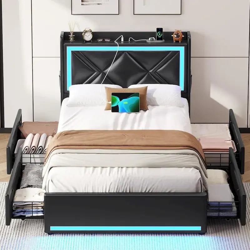 Cadre de lit avec lumières LED, tête de lit et station de charge USB-C/A, 4 tiroirs