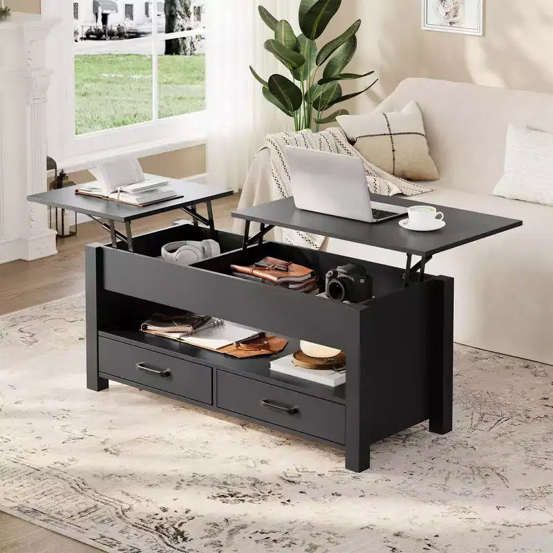 Table basse double de 120 cm de hauteur réglable, marron, avec tiroirs de rangement ; table de canapé réglable en hauteur à deux parties avec étagères cachées.