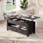 Table basse double de 120 cm de hauteur réglable, marron, avec tiroirs de rangement ; table de canapé réglable en hauteur à deux parties avec étagères cachées.